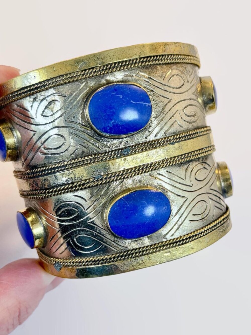 Blue Cuff, Boho Bracelet, Afghan Kuchi, Vintage, Gold Wash, Silver, Festival